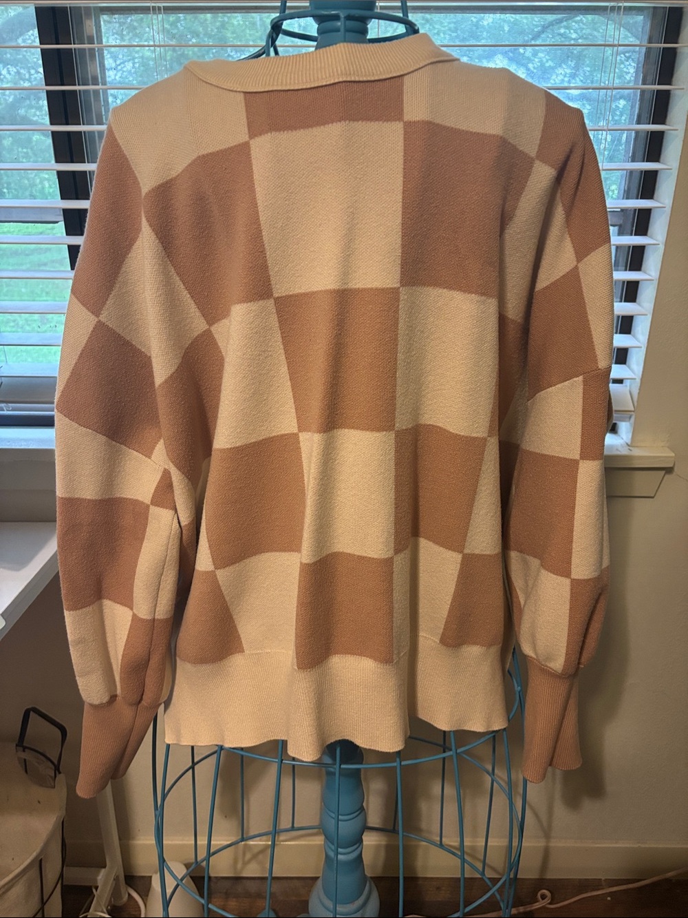 Checked Knit Cardigan in Blush and Cream